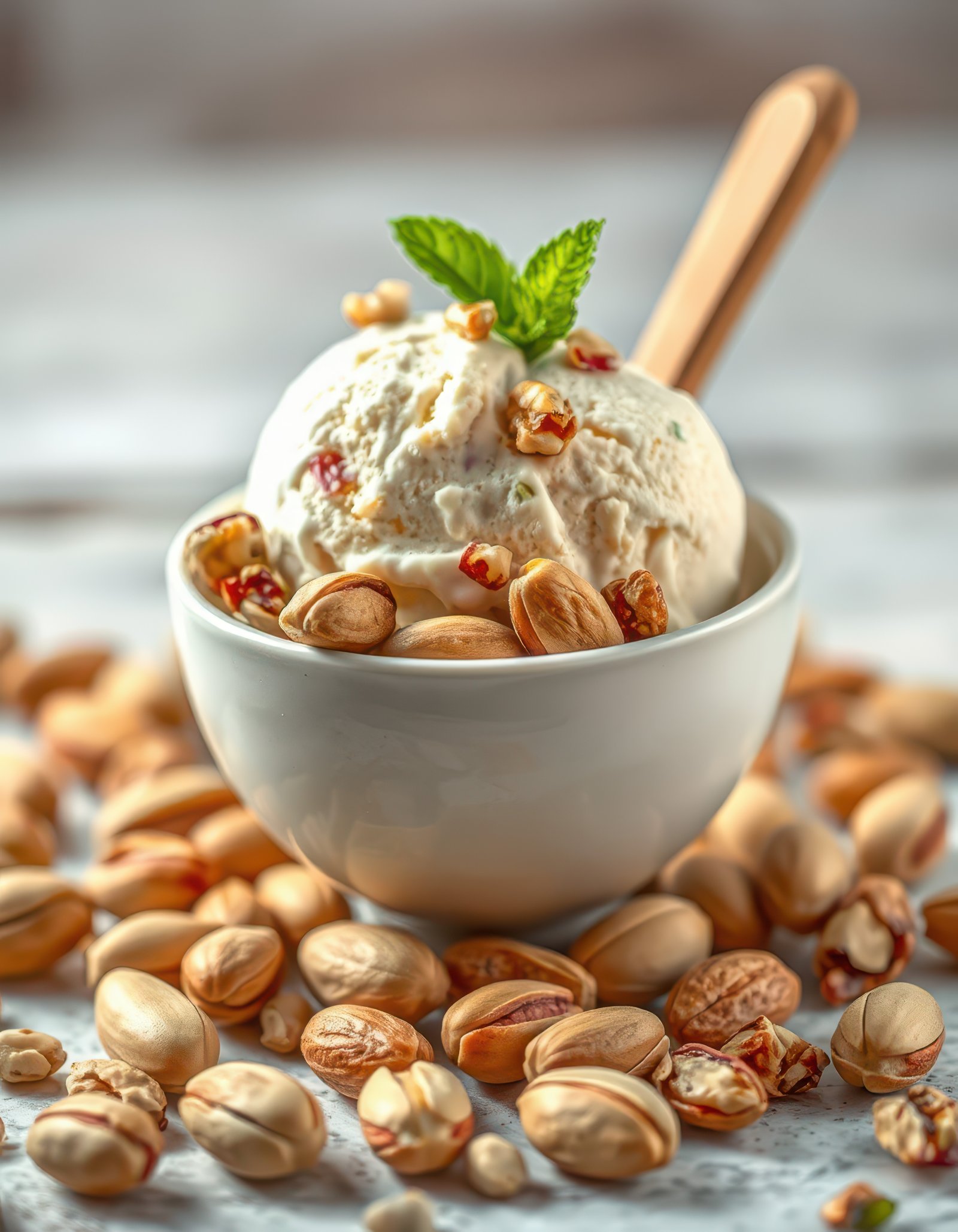 Creamy vanilla ice cream with pistachios and mint on a rustic table in a cozy setting